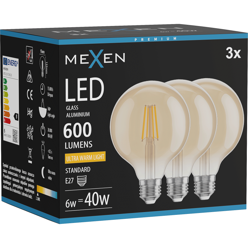 Mexen Vintis 3x LED pluošto lemputė E27, G95, 6W, Šilta - 2200K, 600 lm, gintarinė - L157-E27-0622-50x03