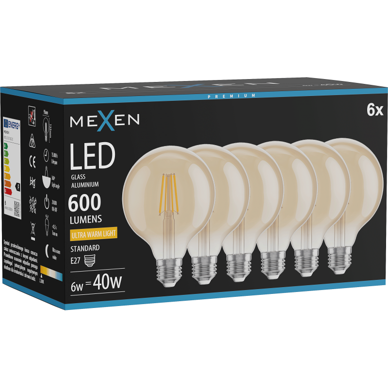 Mexen Vintis 6x LED siūlelio lemputė E27, G95, 6W, Šilta - 2200K, 600 lm, gintaro - L157-E27-0622-50x06
