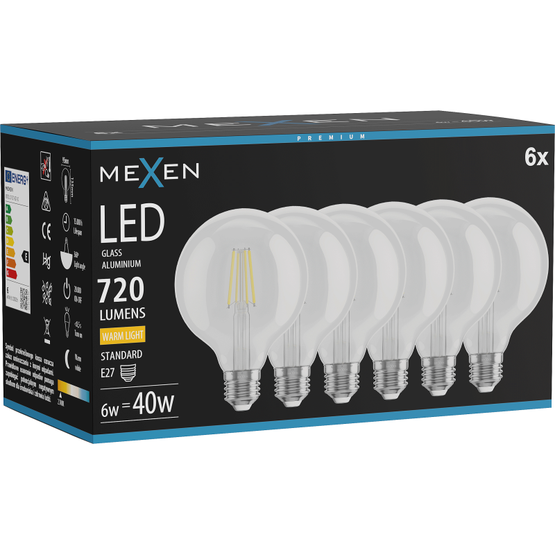 Mexen Vintis 6x LED gijų lemputė E27, G95, 6W, Šilta - 2700K, 720 lm, skaidri - L157-E27-0627-00x06