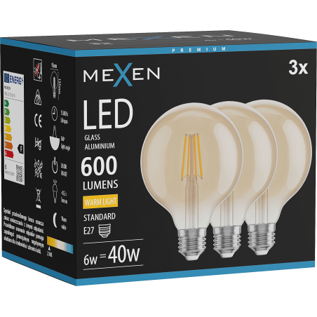 Mexen Vintis 3x Gijų lemputė LED E27, G95, 6W, Šilta - 2700K, 600 lm, gintarinė - L157-E27-0627-50x03