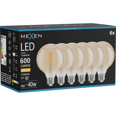 Mexen Vintis 6x LED siūlelių lemputė E27, G95, 6W, Šilta - 2700K, 600 lm, gintarinė - L157-E27-0627-50x06