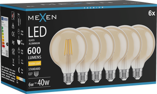 Mexen Vintis 6x LED siūlelių lemputė E27, G95, 6W, Šilta - 2700K, 600 lm, gintarinė - L157-E27-0627-50x06