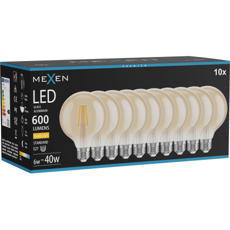 Mexen Vintis 10x LED gijų lemputė E27, G95, 6W, Šilta - 2700K, 600 lm, gintaro - L157-E27-0627-50x10