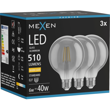 Mexen Vintis 3x LED filamento lemputė E27, G95, 6W, Šiltas - 2700K, 510 lm, smoke - L157-E27-0627-70x03
