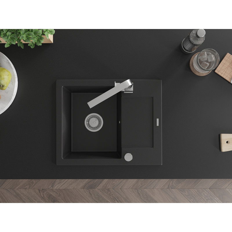 Mexen Enzo granitinis virtuvės kriauklė su 1 skyriumi ir nutekėjimo vieta, su maišytuvu Rita, juodas - 6506-77-670300-00