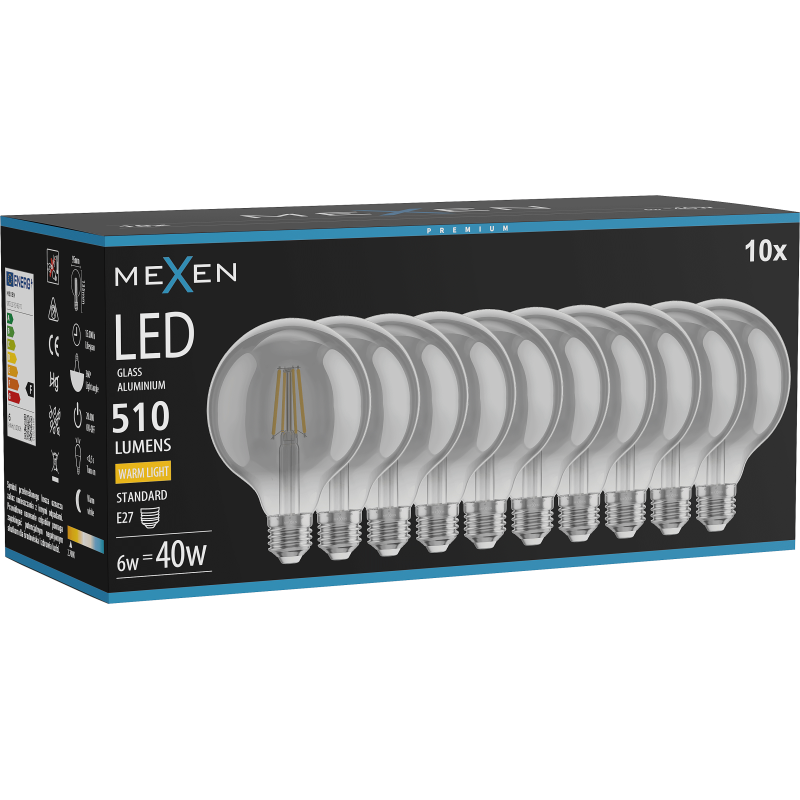 Mexen Vintis 10x LED gijų lemputė E27, G95, 6W, Šilta - 2700K, 510 lm, smoke - L157-E27-0627-70x10