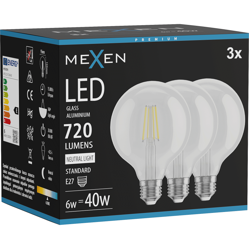 Mexen Vintis 3x LED filamento lemputė E27, G95, 6W, Neutrali - 4000K, 720 lm, skaidri - L157-E27-0640-00x03