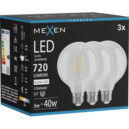 Mexen Vintis 3x LED filamento lemputė E27, G95, 6W, Neutrali - 4000K, 720 lm, skaidri - L157-E27-0640-00x03