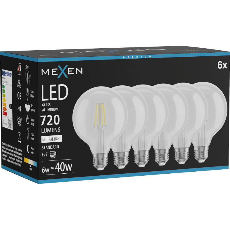 Mexen Vintis 6x LED gijų lemputė E27, G95, 6W, Neutrali - 4000K, 720 lm, skaidri - L157-E27-0640-00x06