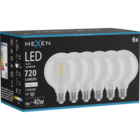 Mexen Vintis 6x LED gijų lemputė E27, G95, 6W, Neutrali - 4000K, 720 lm, skaidri - L157-E27-0640-00x06