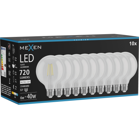 Mexen Vintis 10x kaitinimo siūlelio LED lemputė E27, G95, 6W, Neutrali - 4000K, 720 lm, skaidri - L157-E27-0640-00x10