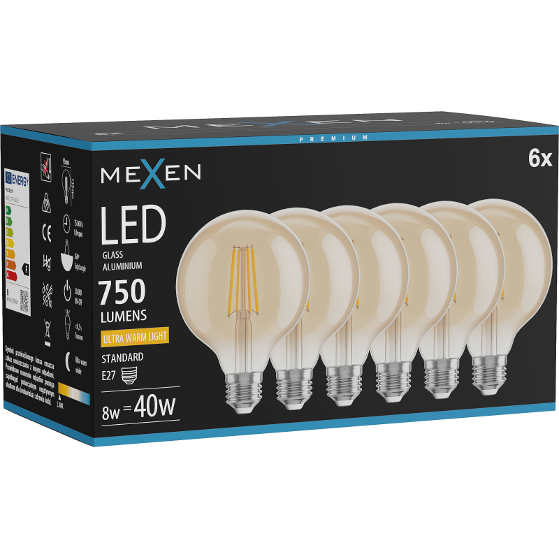 Mexen Vintis 6x Lemputė filamentinė LED E27, G95, 8W, Šilta - 2200K, 750 lm, gintaras - L157-E27-0822-50x06