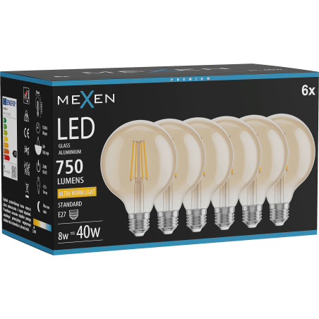Mexen Vintis 6x Lemputė filamentinė LED E27, G95, 8W, Šilta - 2200K, 750 lm, gintaras - L157-E27-0822-50x06