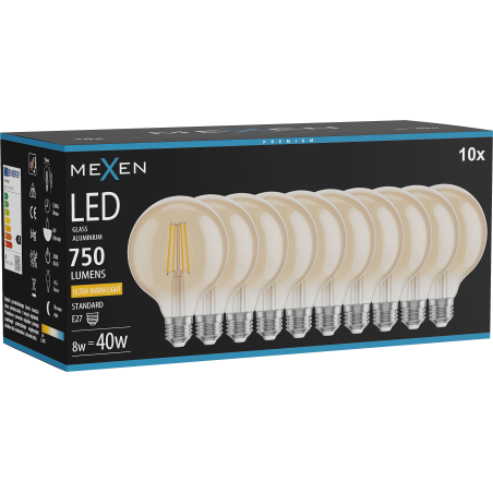 Mexen Vintis 10x LED gijų lemputė E27, G95, 8W, Šilta - 2200K, 750 lm, gintarinė - L157-E27-0822-50x10