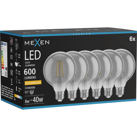 Mexen Vintis 6x LED E27 siūlelio lemputė, G95, 8W, Šilta - 2200K, 600 lm, dūmų spalvos - L157-E27-0822-70x06