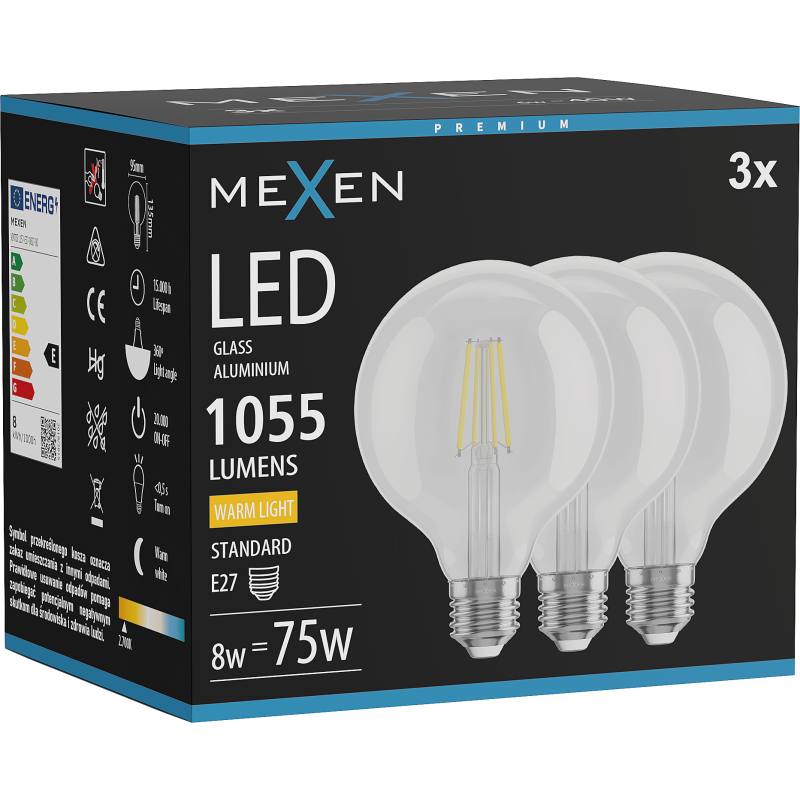 Mexen Vintis 3x LED filamentinė lemputė E27, G95, 8W, Šilta - 2700K, 1055 lm, skaidri - L157-E27-0827-00x03