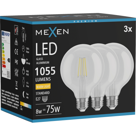 Mexen Vintis 3x LED filamentinė lemputė E27, G95, 8W, Šilta - 2700K, 1055 lm, skaidri - L157-E27-0827-00x03