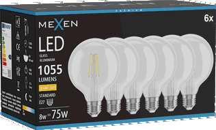 Mexen Vintis 6x LED siūlelių lemputė E27, G95, 8W, Šilta - 2700K, 1055 lm, skaidri - L157-E27-0827-00x06