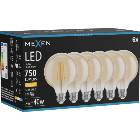 Mexen Vintis 6x LED filamentinė lemputė E27, G95, 8W, Šilta - 2700K, 750 lm, gintaro - L157-E27-0827-50x06
