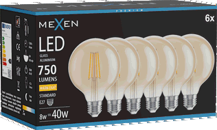 Mexen Vintis 6x LED filamentinė lemputė E27, G95, 8W, Šilta - 2700K, 750 lm, gintaro - L157-E27-0827-50x06