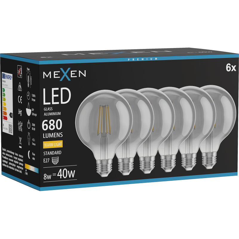 Mexen Vintis 6x LED kaitinamosios lemputės E27, G95, 8W, Šilta - 2700K, 680 lm, dūminė - L157-E27-0827-70x06