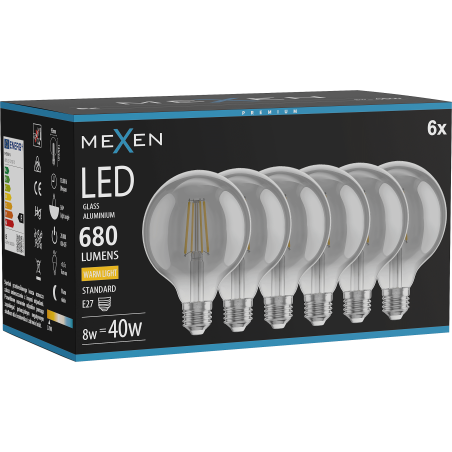 Mexen Vintis 6x LED kaitinamosios lemputės E27, G95, 8W, Šilta - 2700K, 680 lm, dūminė - L157-E27-0827-70x06