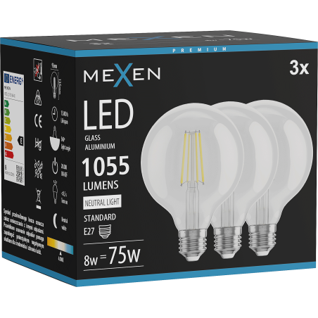 Mexen Vintis 3x LED filamento lemputė E27, G95, 8W, Neutrali - 4000K, 1055 lm, skaidri - L157-E27-0840-00x03
