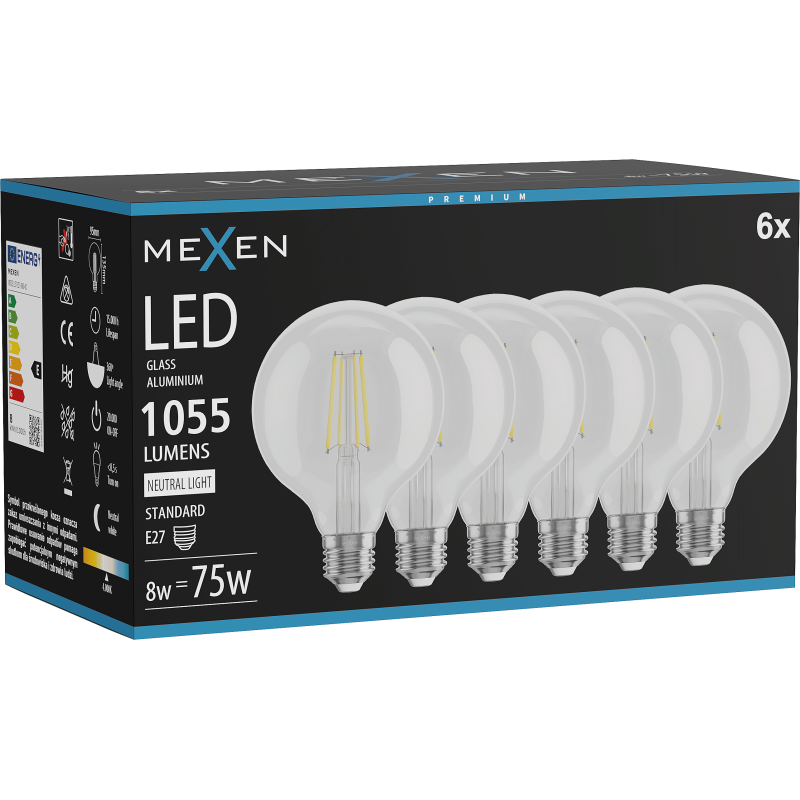 Mexen Vintis 6x LED gijų lemputė E27, G95, 8W, Neutralus - 4000K, 1055 lm, skaidrus - L157-E27-0840-00x06