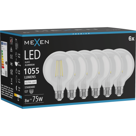 Mexen Vintis 6x LED gijų lemputė E27, G95, 8W, Neutralus - 4000K, 1055 lm, skaidrus - L157-E27-0840-00x06