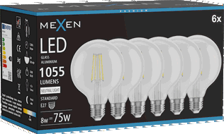 Mexen Vintis 6x LED gijų lemputė E27, G95, 8W, Neutralus - 4000K, 1055 lm, skaidrus - L157-E27-0840-00x06