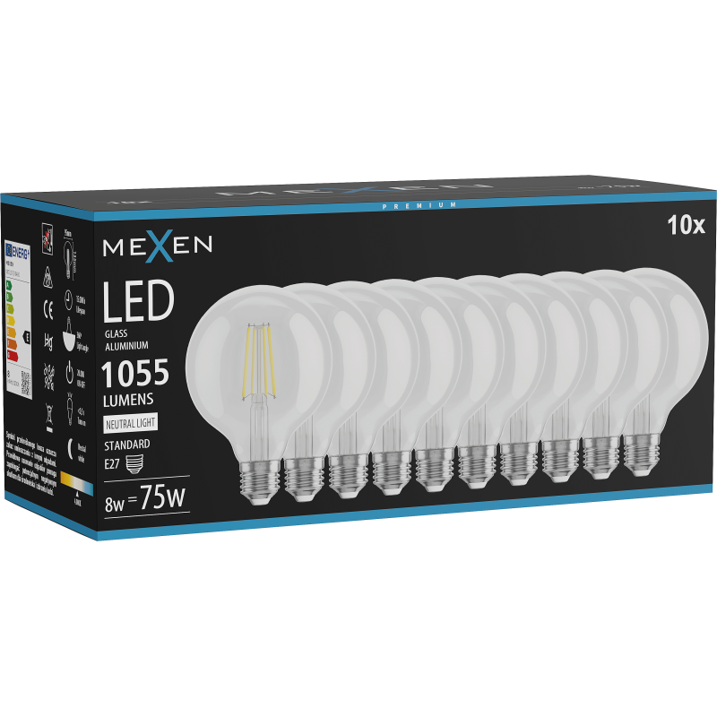 Mexen Vintis 10x LED gijų lemputė E27, G95, 8W, Neutrali - 4000K, 1055 lm, skaidri - L157-E27-0840-00x10