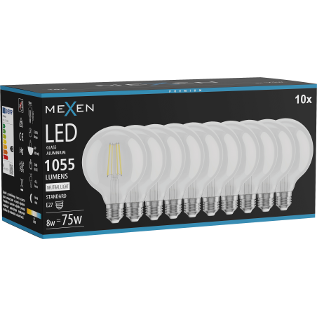 Mexen Vintis 10x LED gijų lemputė E27, G95, 8W, Neutrali - 4000K, 1055 lm, skaidri - L157-E27-0840-00x10