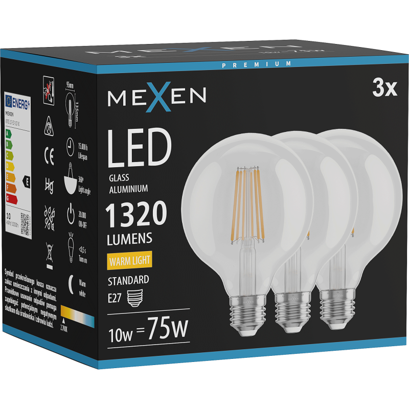 Mexen Vintis 3x LED lemputė su siūliniu kaitinimu E27, G95, 10W, Šilta - 2700K, 1320 lm, skaidri - L157-E27-1027-00x03