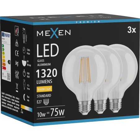 Mexen Vintis 3x LED lemputė su siūliniu kaitinimu E27, G95, 10W, Šilta - 2700K, 1320 lm, skaidri - L157-E27-1027-00x03