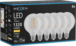 Mexen Vintis 6x Filamentinė LED lemputė E27, G95, 10W, Šilta - 2700K, 1320 lm, skaidri - L157-E27-1027-00x06