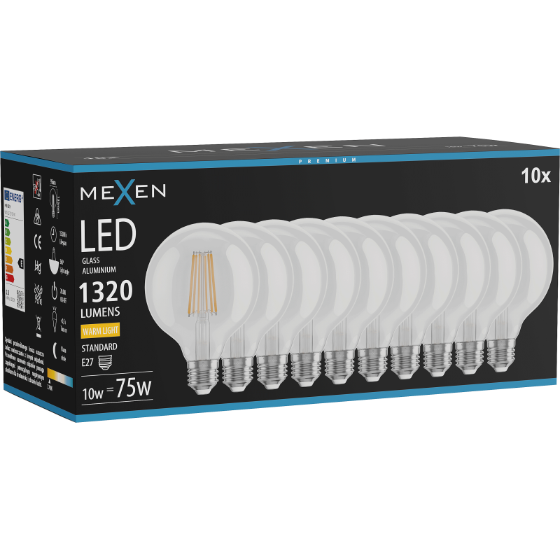 Mexen Vintis 10x LED siūlų lemputė E27, G95, 10W, šilta - 2700K, 1320 lm, skaidri - L157-E27-1027-00x10