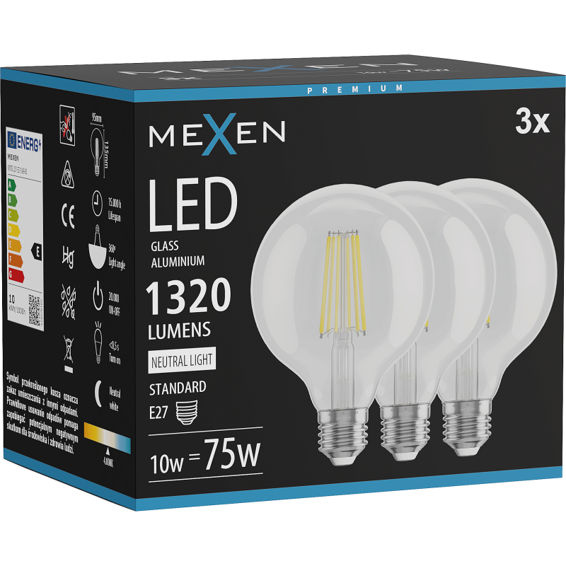 Mexen Vintis 3x LED filamento lempa E27, G95, 10W, Neutrali - 4000K, 1320 lm, skaidri - L157-E27-1040-00x03