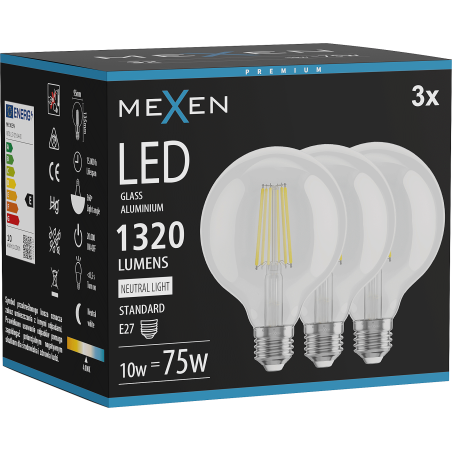 Mexen Vintis 3x LED filamento lempa E27, G95, 10W, Neutrali - 4000K, 1320 lm, skaidri - L157-E27-1040-00x03