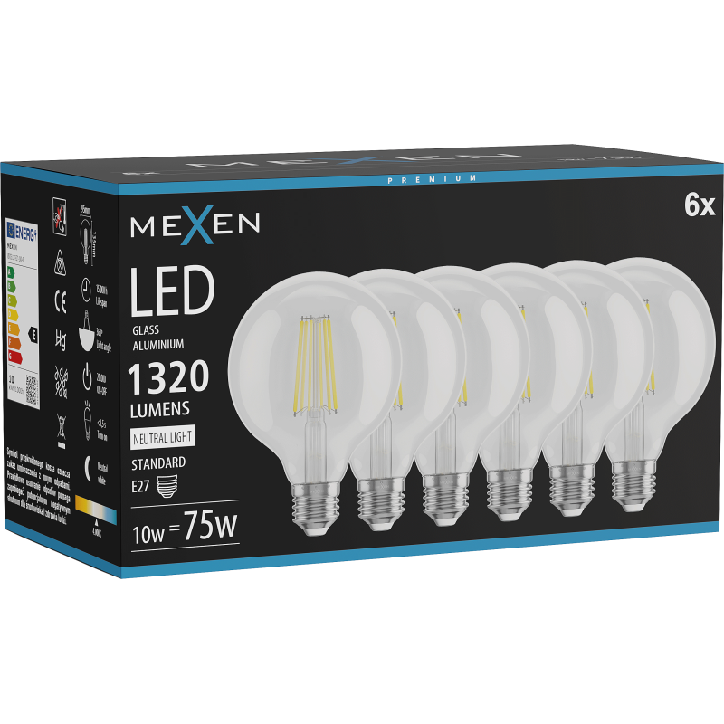 Mexen Vintis 6x LED filamentinė lemputė E27, G95, 10W, Neutralinė - 4000K, 1320 lm, skaidri - L157-E27-1040-00x06