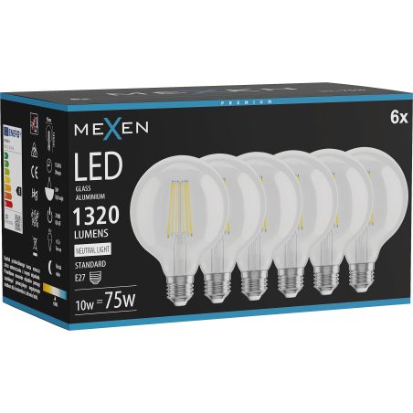 Mexen Vintis 6x LED filamentinė lemputė E27, G95, 10W, Neutralinė - 4000K, 1320 lm, skaidri - L157-E27-1040-00x06