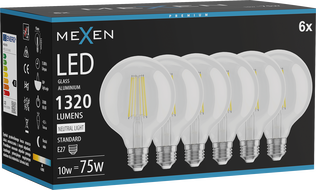 Mexen Vintis 6x LED filamentinė lemputė E27, G95, 10W, Neutralinė - 4000K, 1320 lm, skaidri - L157-E27-1040-00x06