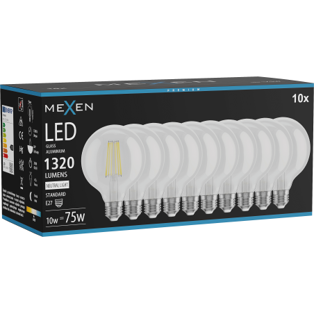 Mexen Vintis 10x LED siūlų lemputė E27, G95, 10W, Neutrali - 4000K, 1320 lm, skaidri - L157-E27-1040-00x10