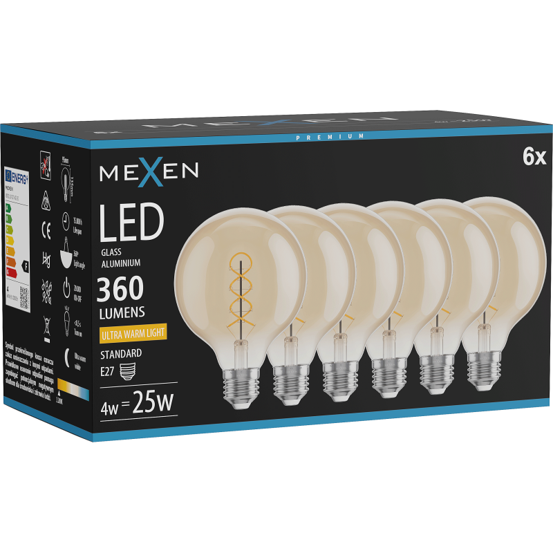 Mexen Vintis 6x LED gijų spiralinė lemputė E27, G95, 4W, Šilta - 2200K, 360 lm, gintarinė - L167-E27-0422-50x06