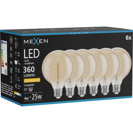 Mexen Vintis 6x LED gijų spiralinė lemputė E27, G95, 4W, Šilta - 2200K, 360 lm, gintarinė - L167-E27-0422-50x06