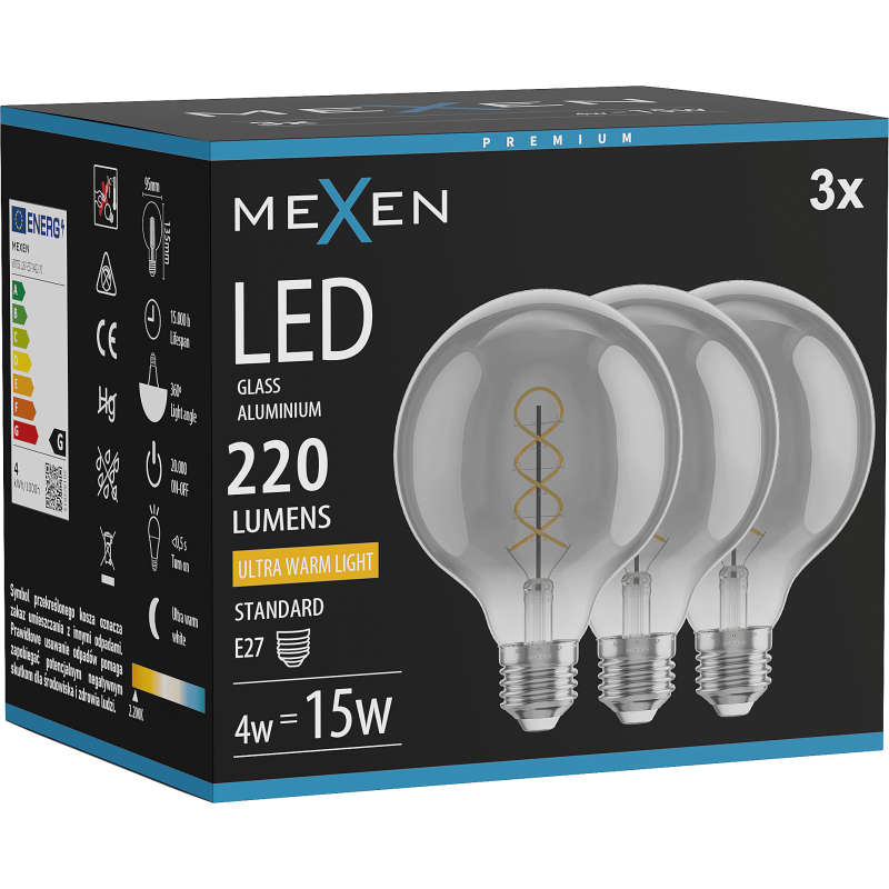 Mexen Vintis 3x LED gijų spiralė lemputė E27, G95, 4W, Šilta - 2200K, 220 lm, dūmų spalva - L167-E27-0422-70x03