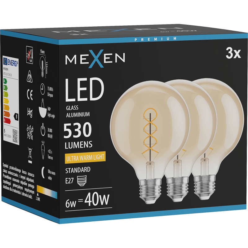 Mexen Vintis 3x LED kaitinimo siūlelio lemputė spiralė E27, G95, 6W, Šilta - 2200K, 530 lm, gintaro - L167-E27-0622-50x03