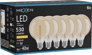 Mexen Vintis 6x LED gijų spiralė lemputė E27, G95, 6W, Šilta - 2200K, 530 lm, gintarinė - L167-E27-0622-50x06
