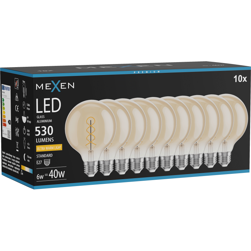 Mexen Vintis 10x LED lemputė su gijų spiralė E27, G95, 6W, Šilta - 2200K, 530 lm, gintaro spalvos - L167-E27-0622-50x10