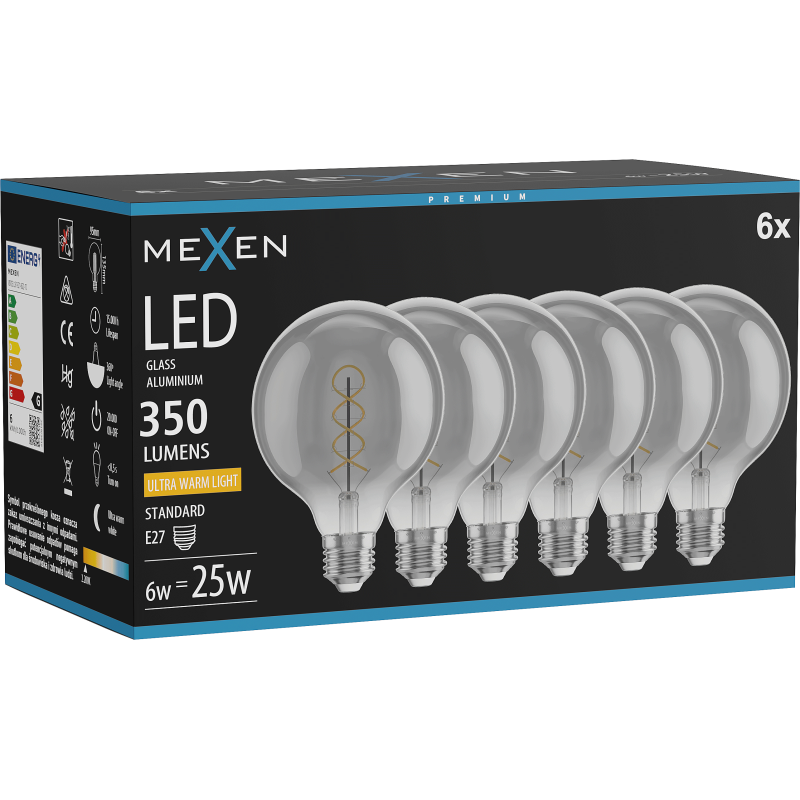 Mexen Vintis 6x LED kaitrinė spiralė E27, G95, 6W, Šilta - 2200K, 350 lm, dūminė - L167-E27-0622-70x06