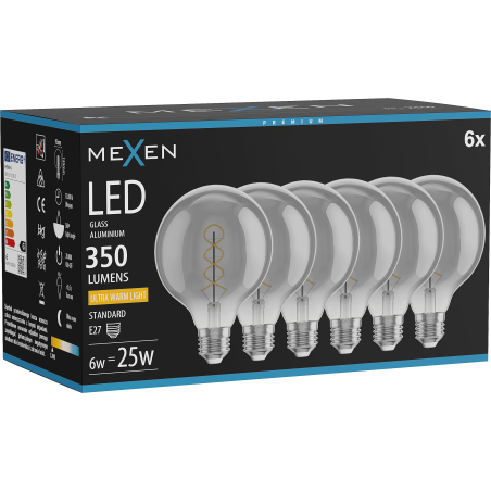 Mexen Vintis 6x LED kaitrinė spiralė E27, G95, 6W, Šilta - 2200K, 350 lm, dūminė - L167-E27-0622-70x06